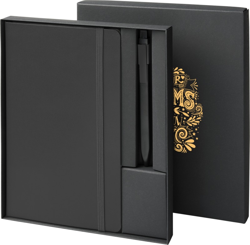 Coffret moleskine avec carnet et stylo personnalisé avec une impression sur le couvercle du coffret